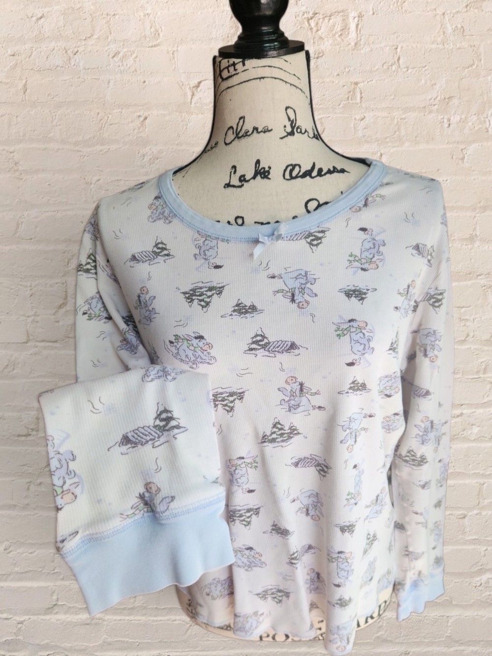 Disney Eeyore Ribbed Knit Pajama Shirt With Bow White And Blue Large